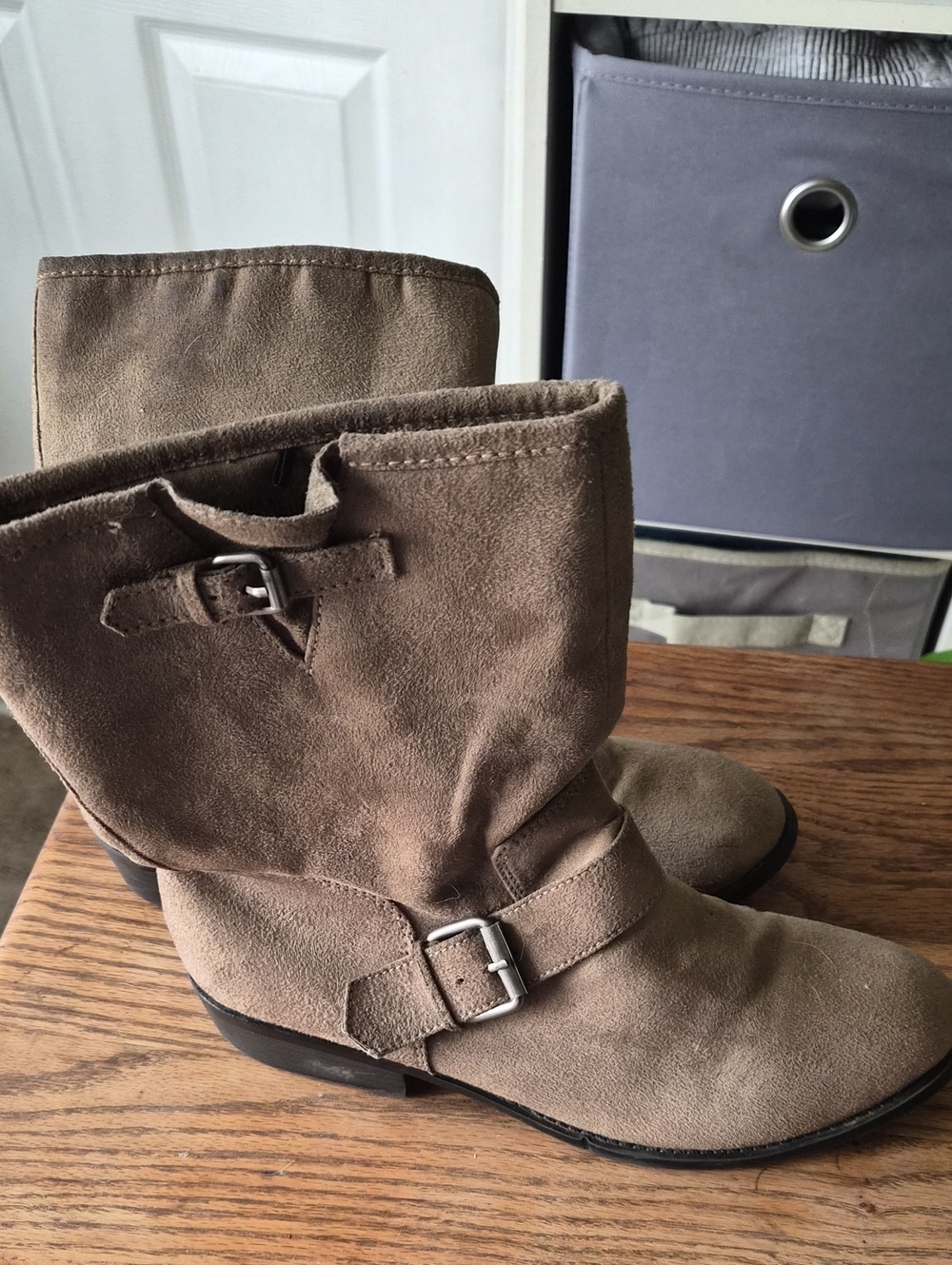 Classic Suede Buckle Ankle Booties in Taupe